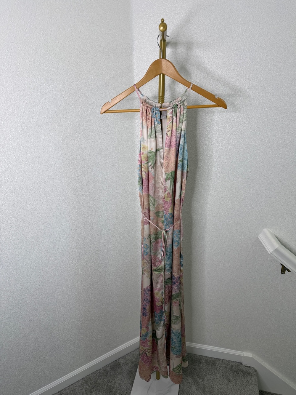 H&M Pastel Floral Halter Maxi Dress Satin Feel Size M